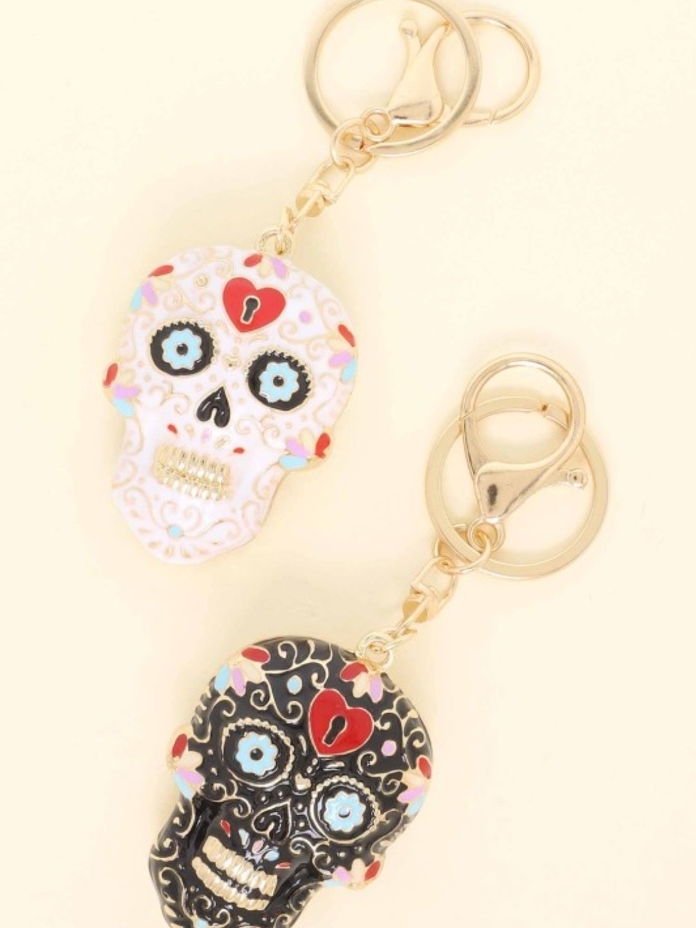 Keychain - Sugar Skull Set - Black & White Decorative Skull Keyrings